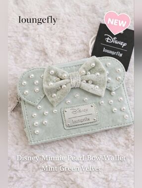 Loungefly Disney Minnie Mouse Pearl Bow Wallet Mint Green Velvet NWT
